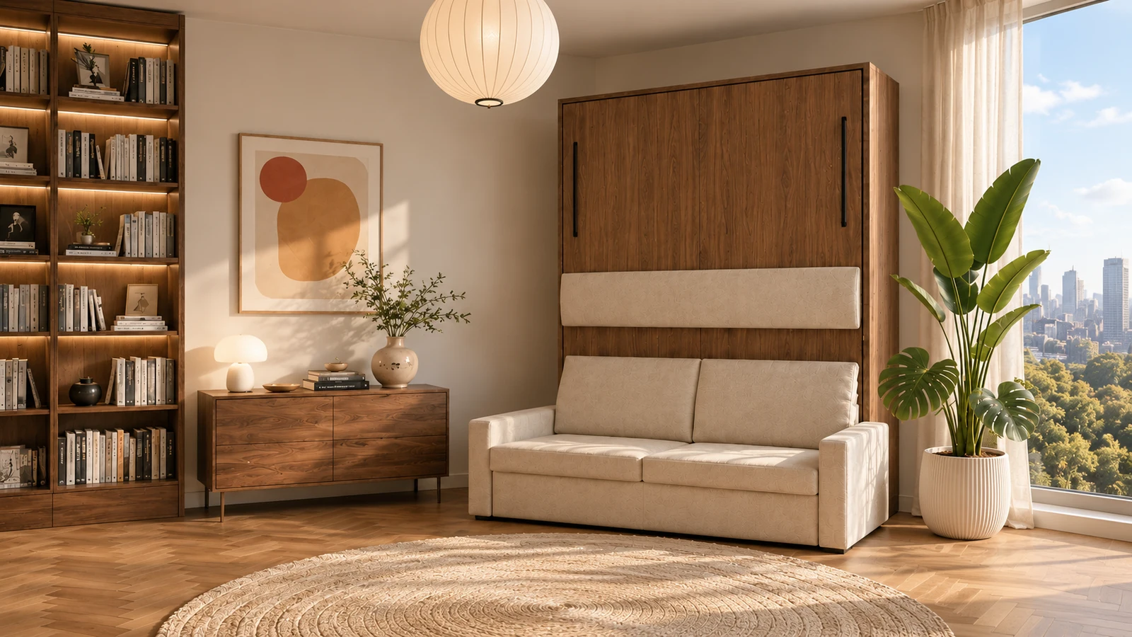 Schrankbett von LOVVA im geschlossenen Zustand als stilvolles Sofa